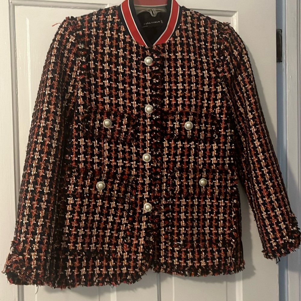Women’s navy red metallic gold tweed blazer jacket. Zara size Small.